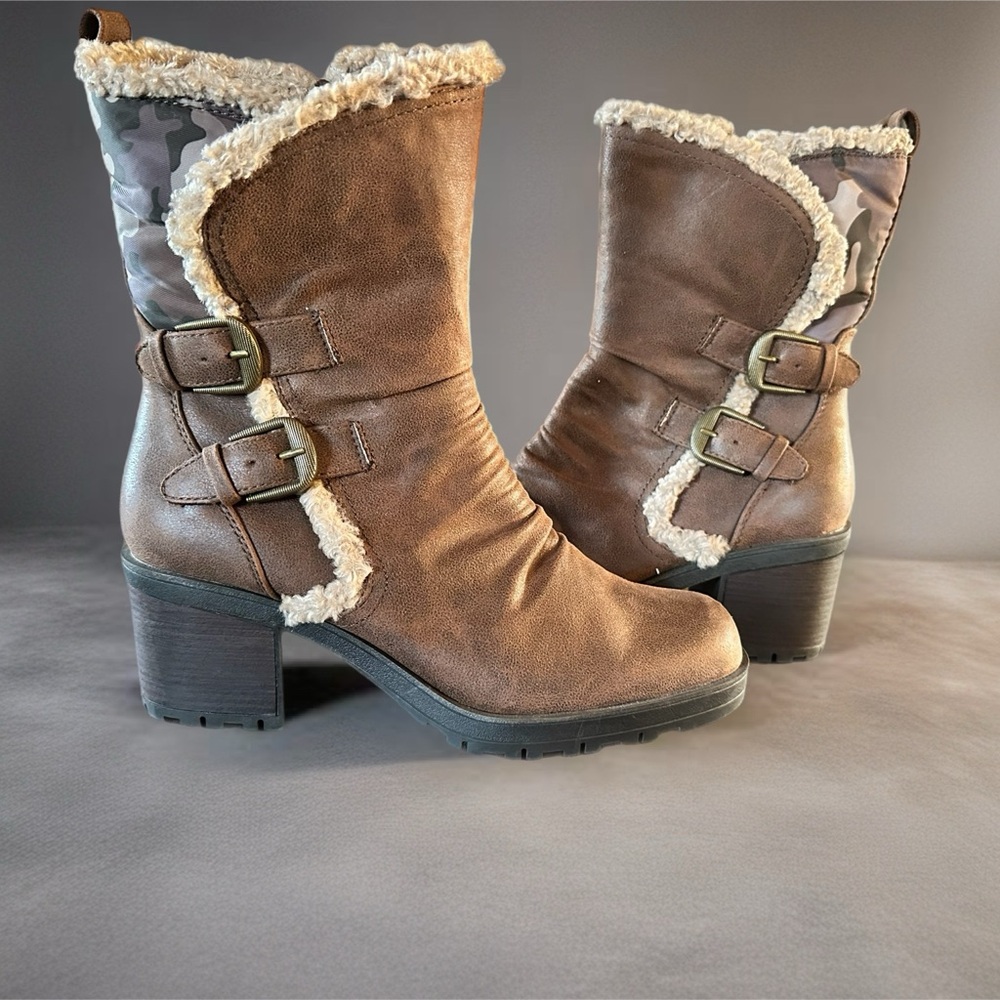 Baretraps Tevin Women’s Brown Faux Fur Lined Mid Calf Boots Buckle Heel